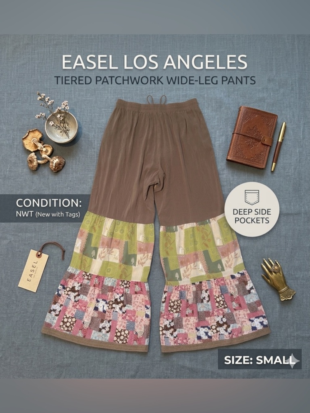 Easel Boho Patchwork Palazzo Wide Leg Pants Size Small Brown Multi NWT - Picture 11 of 11